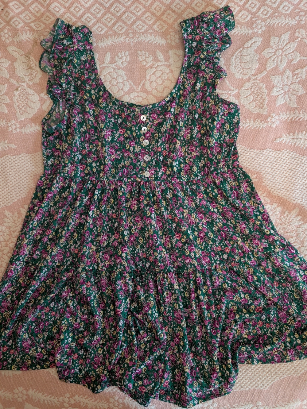 Emerald Floral Ruffle Sleeve Dress - Green, Pink